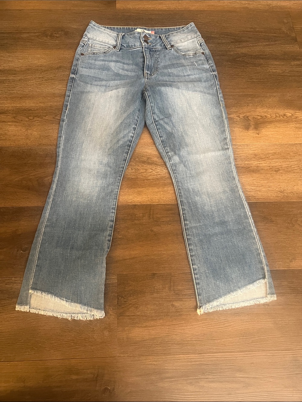 CAbi Light Blue Frayed Hem Cropped Flare Jeans